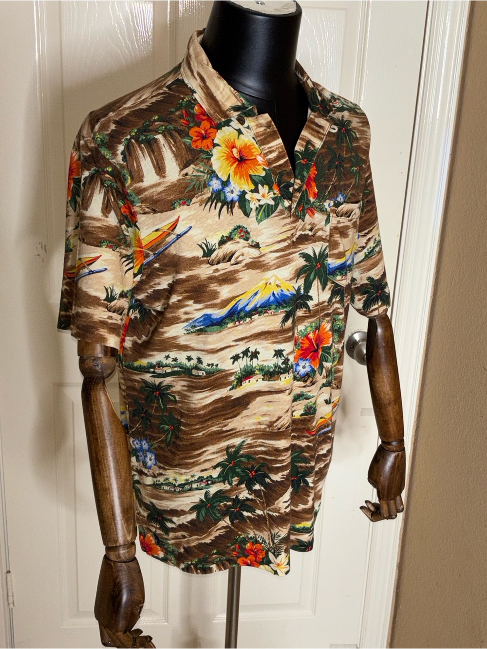 Polo Ralph Lauren Brown TROPICAL PRINT Cotton Linen Blend Collared Polo Shirt - Picture 2 of 9